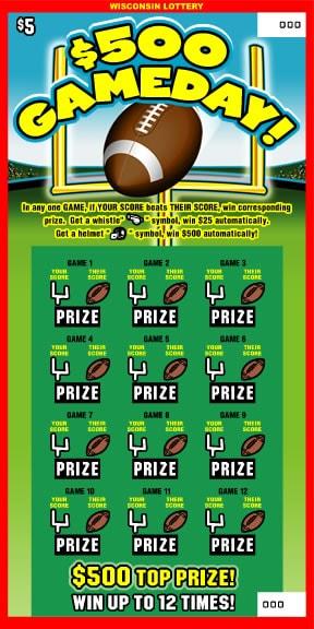 $500 Gameday instant scratch game $500 Gameday instant scratch ticket from Wisconsin Lottery - unscratched