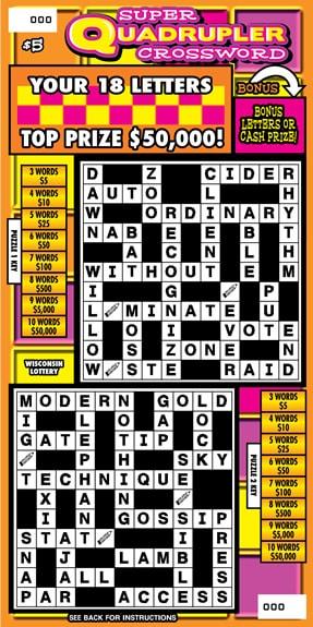 Super Quadrupler Crossword instant scratch ticket from Wisconsin Lottery - unscratched