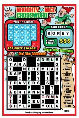 Naughty or Nice Crossword instant scratch ticket from Wisconsin Lottery - unscratched