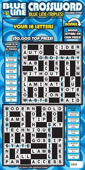 Blue Line Crossword instant scratch ticket from Wisconsin Lottery - unscratched