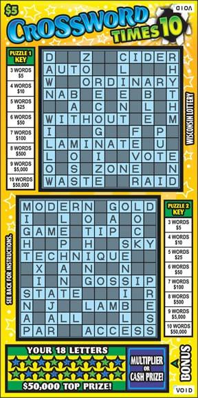 Crossword Times 10 instant scratch ticket from Wisconsin Lottery - unscratched