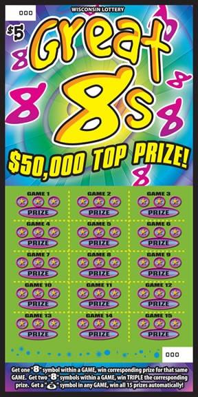 Great 8s instant scratch game Great 8s instant scratch ticket from Wisconsin Lottery - unscratched