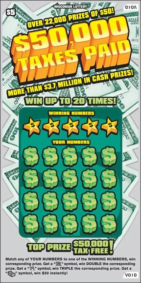 $50,000 Taxes Paid instant scratch game $50,000 Taxes Paid instant scratch ticket from Wisconsin Lottery - unscratched
