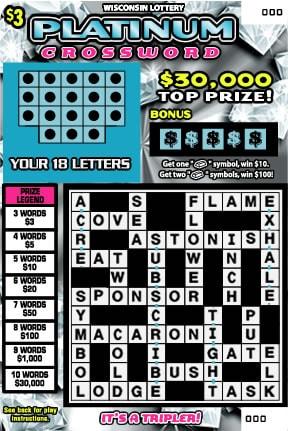Platinum Crossword instant scratch ticket from Wisconsin Lottery - unscratched