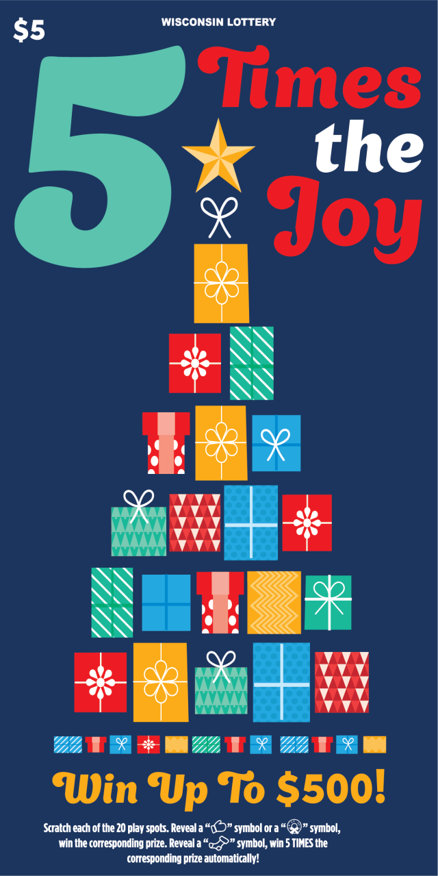 5 TIMES THE JOY Blue ticket with Green 5 and red and white text with tree made out of colorful presents.