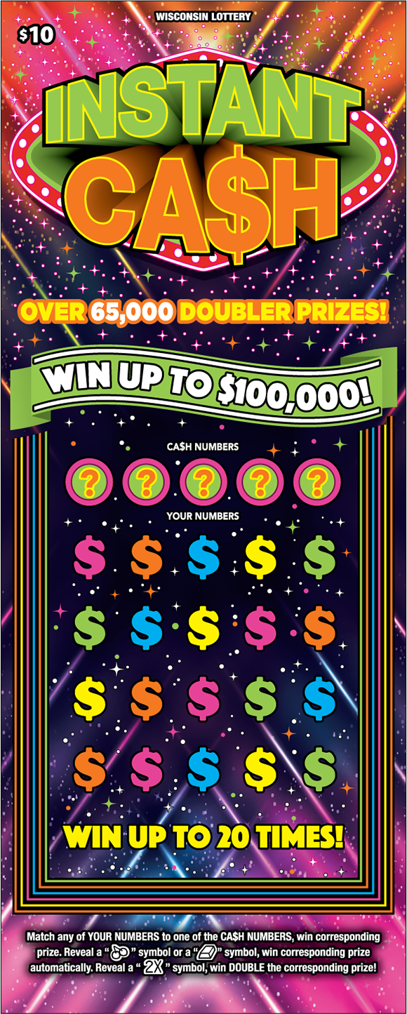 Instant Ca$h Wisconsin Scratch Game Wisconsin Scratch Game, Instant Ca$h pink, orange, and purple galaxy background with green and orange text.