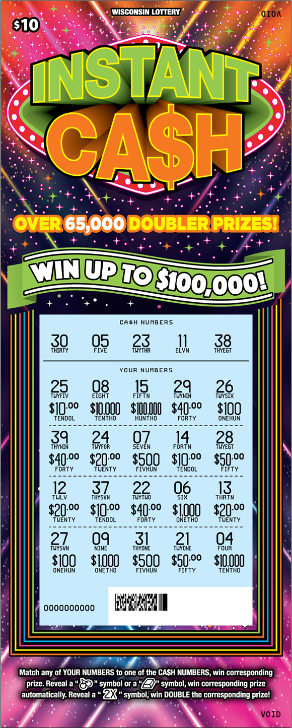 Instant Ca$h Wisconsin Scratch Game - Revealed Wisconsin Scratch Game, Instant Ca$h pink, orange, and purple galaxy background with green and orange text, revealed.