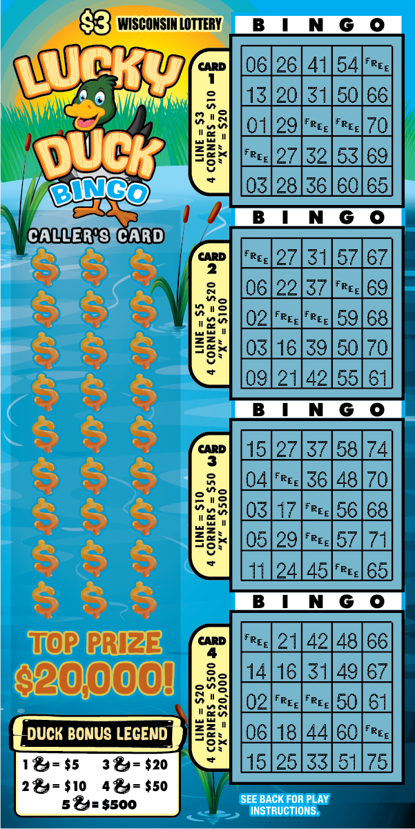 Lucky Duck Bingo WI Scratch Game Wisconsin Scratch Game, Lucky Duck Bingo blue pond background with a duck and yellow and blue text.
