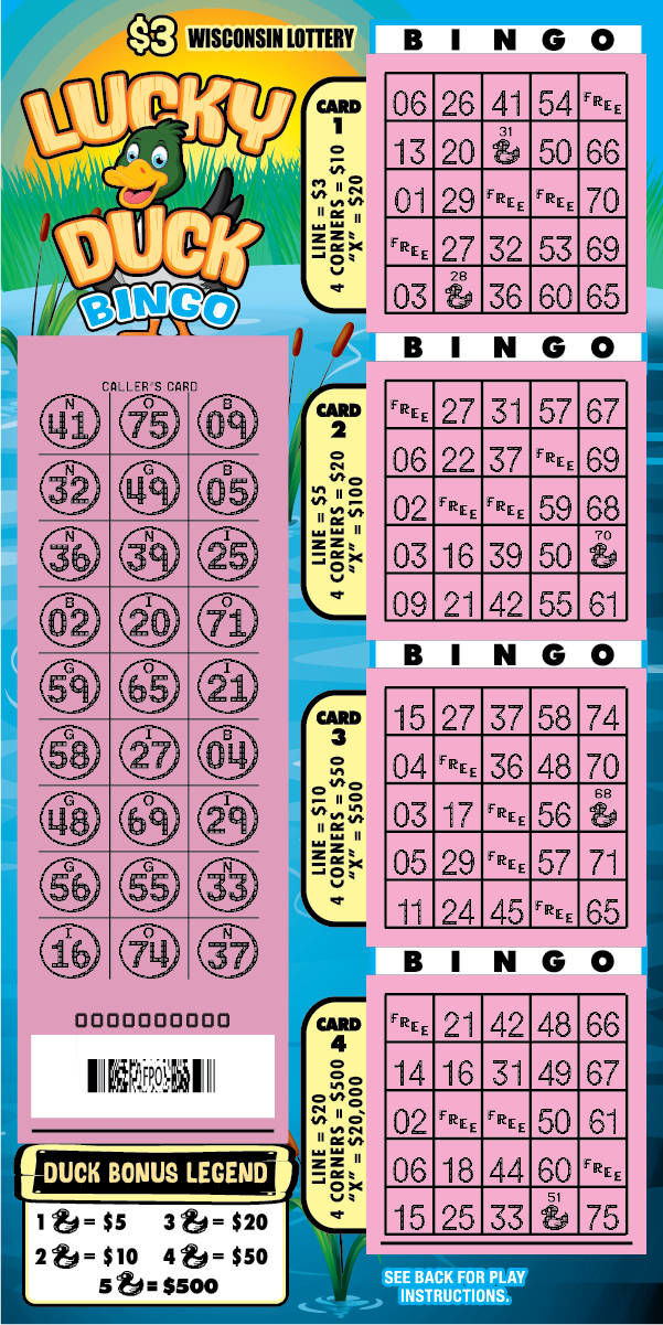 Lucky Duck Bingo WI Scratch Game Wisconsin Scratch Game, Lucky Duck Bingo blue pond background with a duck and yellow and blue text, scratched.
