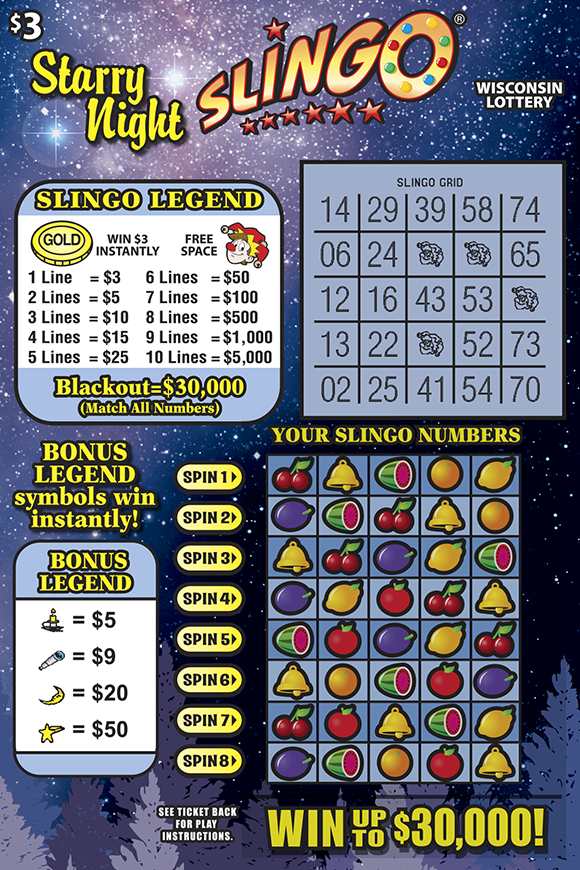 Starry Night Slingo WI Scratch Game Wisconsin Scratch Game, Starry Night Slingo blue and purple night sky background with orange and yellow text.