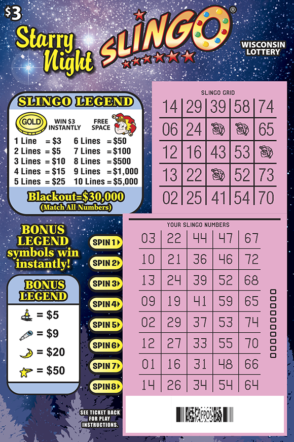 Starry Night Slingo WI Scratch Game - Scratched Wisconsin Scratch Game, Starry Night Slingo blue and purple night sky background with orange and yellow text, revealed.