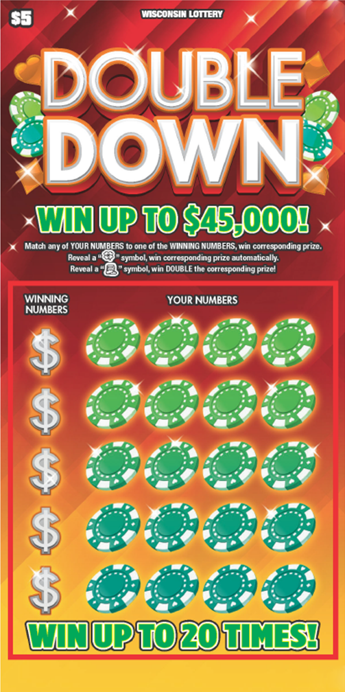 Double Down WI Scratch Game Wisconsin Scratch Game, Double Down red and yellow gradient background with white and green text.