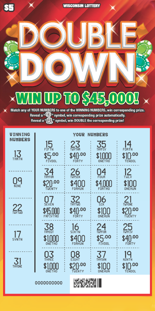 Double Down WI Scratch Game - Revealed Wisconsin Scratch Game, Double Down red and yellow gradient background with white and green text, scratched.