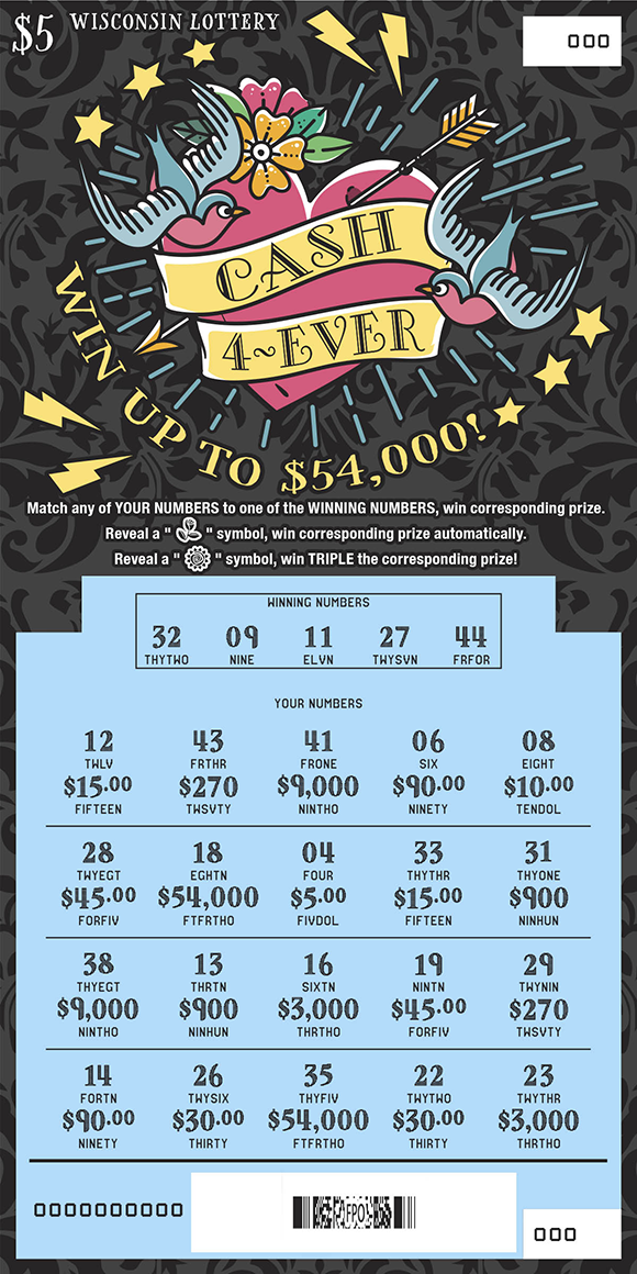 Cash 4-Ever WI Scratch Game - Revealed Wisconsin Scratch Game, Cash 4-Ever black background with pink hearts and yellow and black text, scratched.