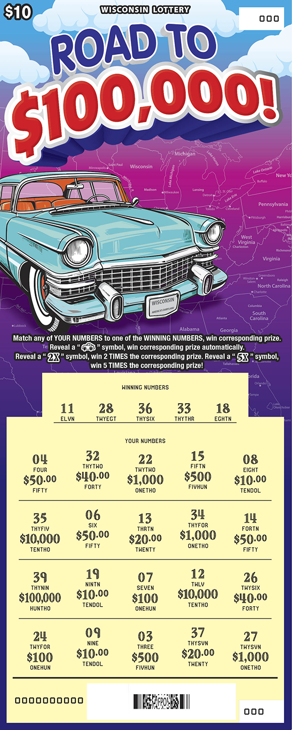 Wisconsin Scratch Game, Road to $100,000 blue and purple map background with a teal car and purple and red text, scratched.