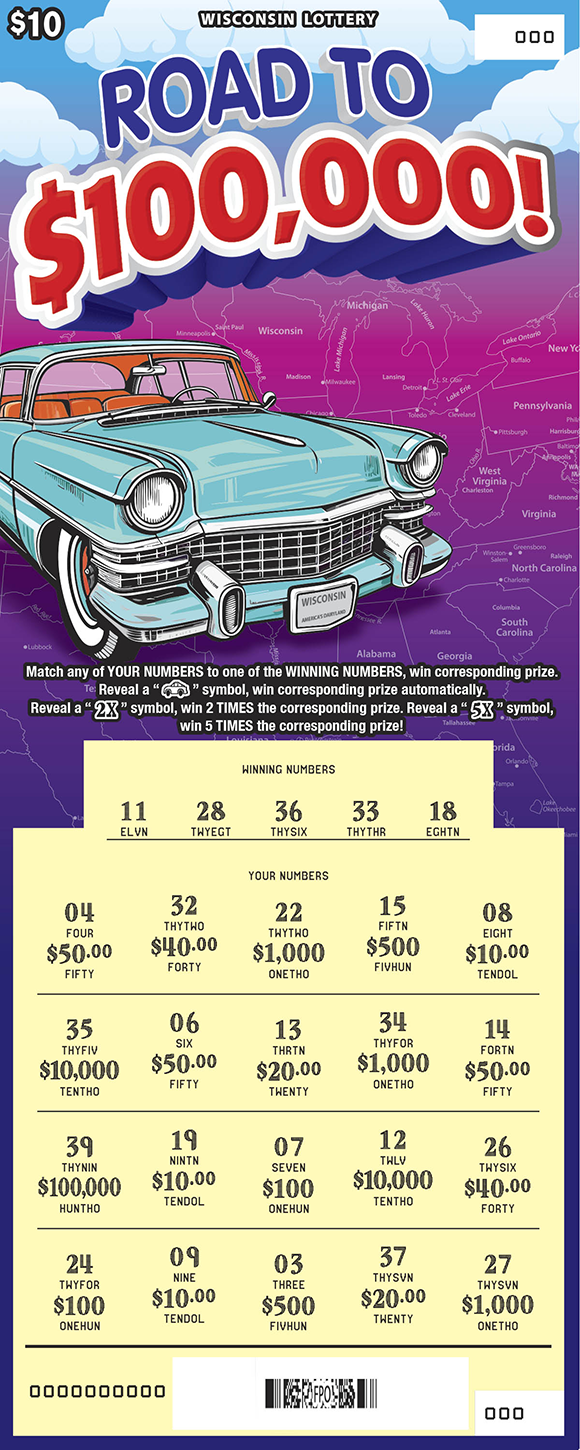 Road to $100,000 WI Scratch Game - Scratched Wisconsin Scratch Game, Road to $100,000 blue and purple map background with a teal car and purple and red text, scratched.