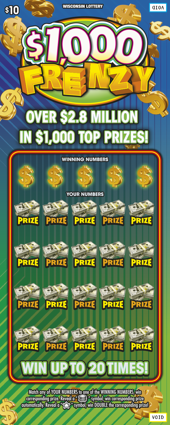 $1,000 Frenzy WI Scratch Game Wisconsin Scratch Game, $1,000 Frenzy blue and green striped background with white and yellow text.