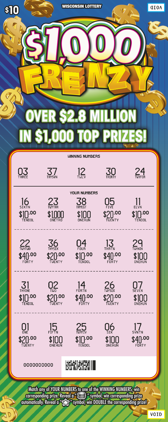 $1,000 Frenzy WI Scratch Game - Scratched Wisconsin Scratch Game, $1,000 Frenzy blue and green striped background with white and yellow text, scratched.