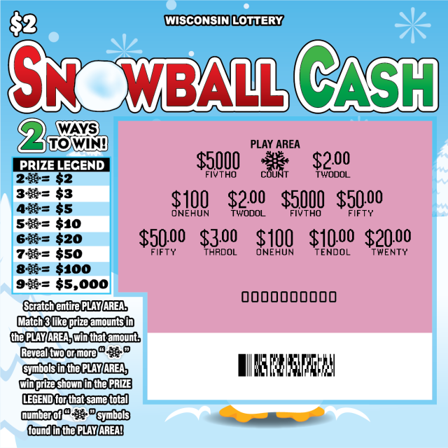 Snowball Cash WI Scratch Game - Revealed Wisconsin Scratch Game, Snowball Cash blue and white snowy background with a penguin and red and green text, scratched.