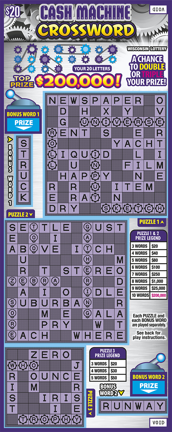 Cash Machine Crossword WI Scratch Game Wisconsin Scratch Game, Cash Machine Crossword white and purple machinery background with purple and yellow text.