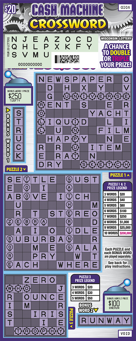 Wisconsin Scratch Game, Cash Machine Crossword white and purple machinery background with purple and yellow text, scratched.
