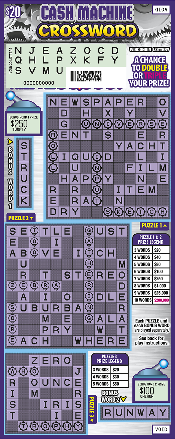 Cash Machine Crossword WI Scratch Game - Revealed Wisconsin Scratch Game, Cash Machine Crossword white and purple machinery background with purple and yellow text, scratched.