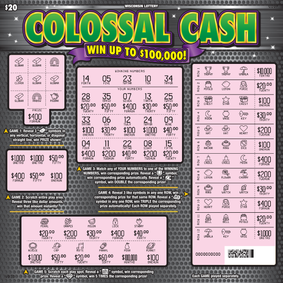 Colossal Cash WI Scratch Game - Revealed Wisconsin Scratch Game, Colossal Cash grey metal background with green and yellow text, scratched.