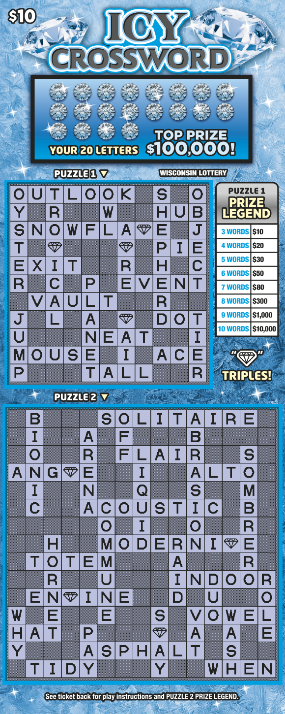 Icy Crossword WI Scratch Game Wisconsin Scratch Game, Icy Crossword blue and white background with black and white text.