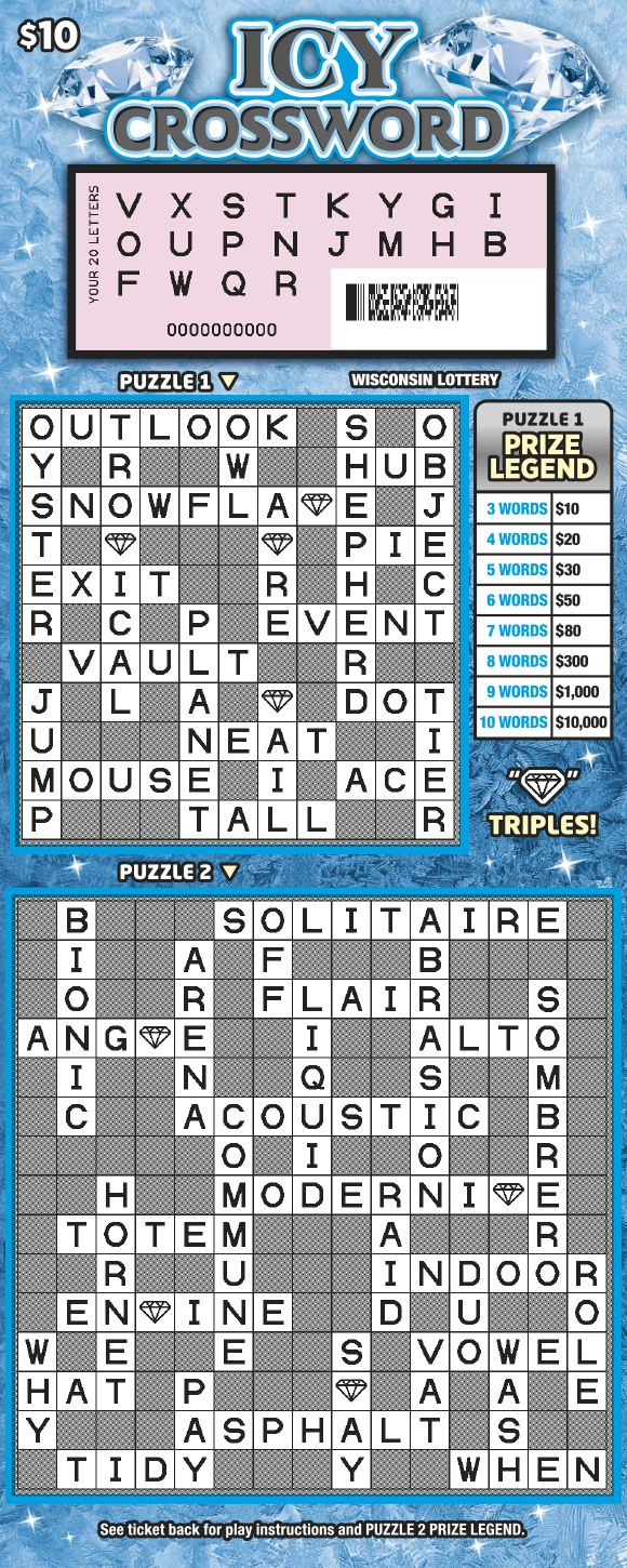 Icy Crossword WI Scratch Game - Scratched Wisconsin Scratch Game, Icy Crossword blue and white background with black and white text, revealed.