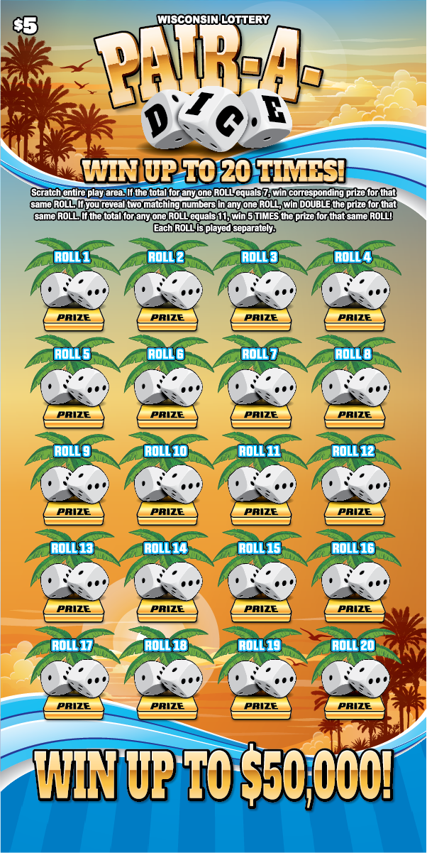 Pair-a-Dice WI Scratch Game Wisconsin Scratch Game, Pair-a-Dice beach sunset background with palm trees, blue waves, dice, and yellow text.