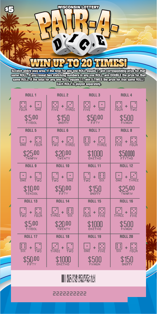 Wisconsin Scratch Game, Pair-a-Dice beach sunset background with palm trees, blue waves, dice, and yellow text, revealed.