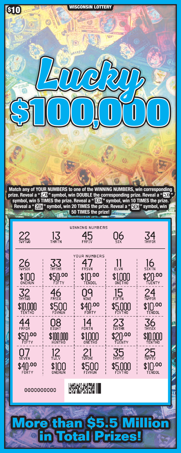 Lucky $100,000 WI Scratch Game - Scratched Wisconsin Scratch Game, Lucky $100,000 blue and orange holographic background with blue outlines and blue text, revealed.