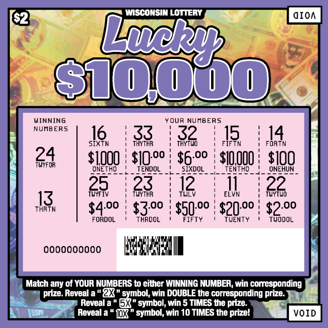 Lucky $10,000 WI Scratch Game - Scratched Wisconsin Scratch Game, Lucky $10,000 blue and orange holographic background with purple outlines and purple text, revealed.