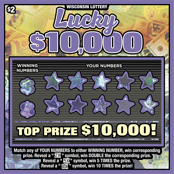 Lucky $10,000 WI Scratch Game Wisconsin Scratch Game, Lucky $10,000 blue and orange holographic background with purple outlines and purple text.