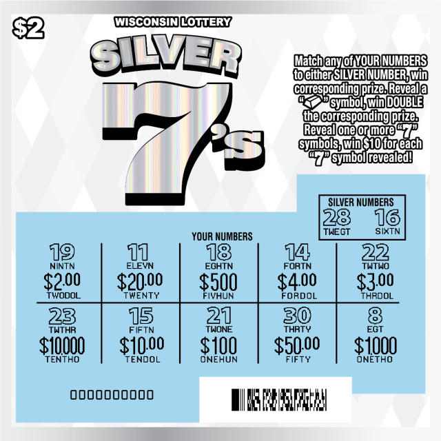 Wisconsin Scratch Game, Silver 7's silver holographic background with silver and black text, scratched.