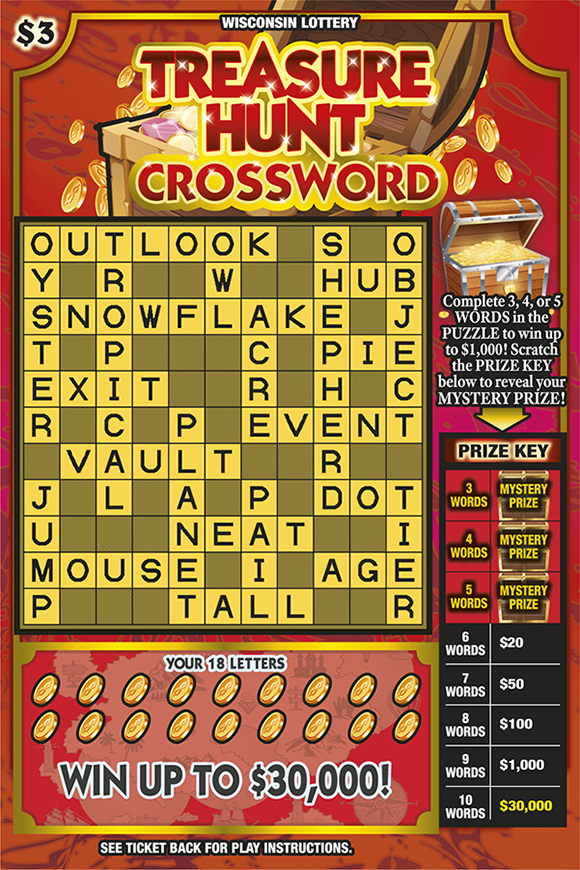 Wisconsin Scratch Game, Treasure Hunt Crossword red background with a gold treasure chest and red and gold text.