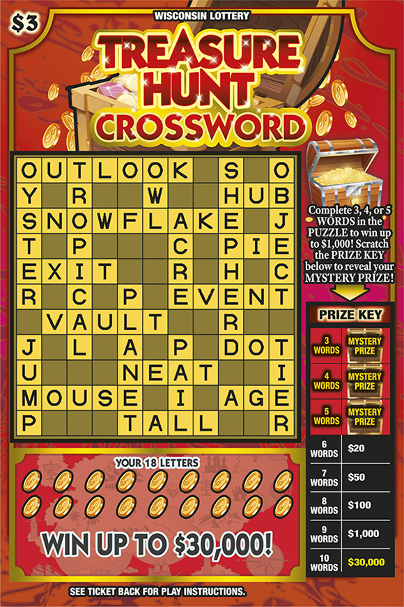 Treasure Hunt Crossword Wisconsin Scratch Game Wisconsin Scratch Game, Treasure Hunt Crossword red background with a gold treasure chest and red and gold text.