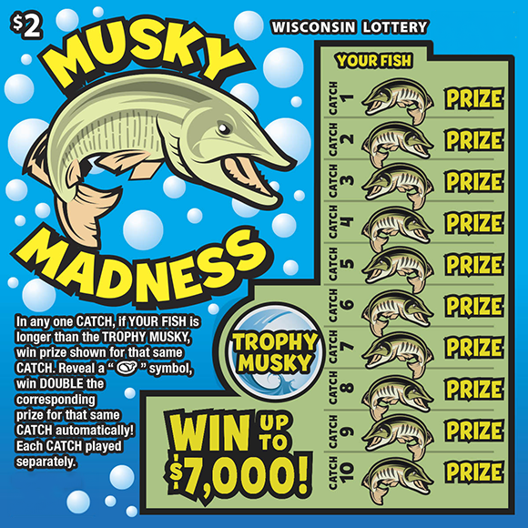 Musky Madness WI Scratch Game Wisconsin Scratch Game, Musky Madness blue water with bubbles and a musky with yellow text.