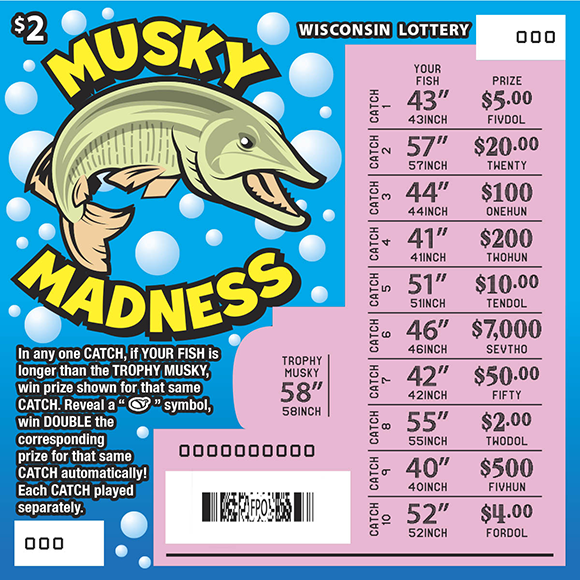Musky Madness WI Scratch Game - Scratched Wisconsin Scratch Game, Musky Madness blue water with bubbles and a musky with yellow text, scratched.