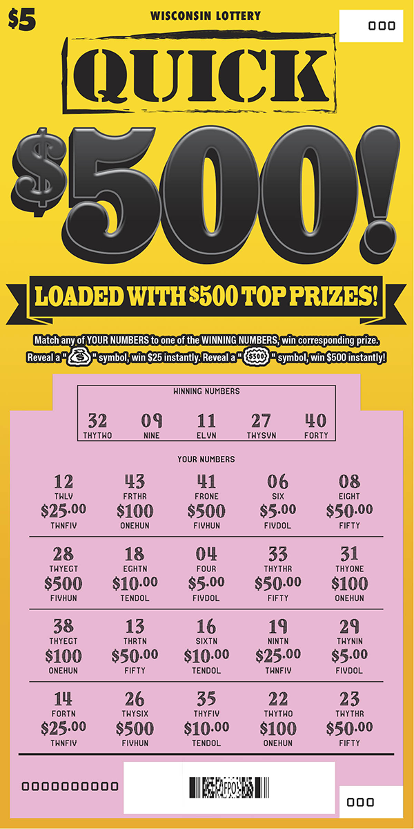 Quick $500 WI Scratch Game - Scratched Wisconsin Scratch Game, Quick $500 yellow background with black text, scratched.
