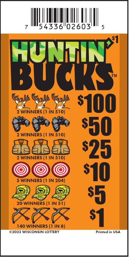 Wisconsin Pull-tab, Huntin' Bucks orange background with green and black text.