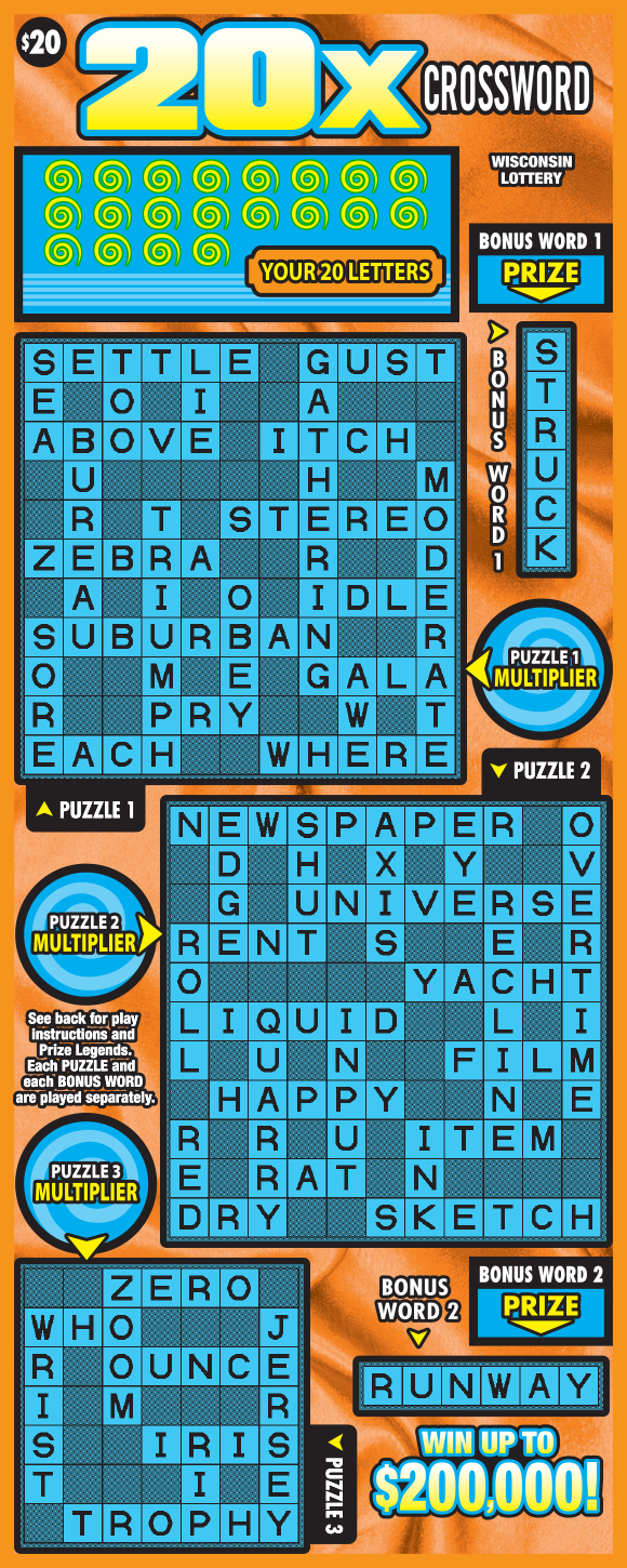 20X Crossword WI Scratch Game Wisconsin Scratch Game, 20X Crossword orange background with yellow text and blue play area.