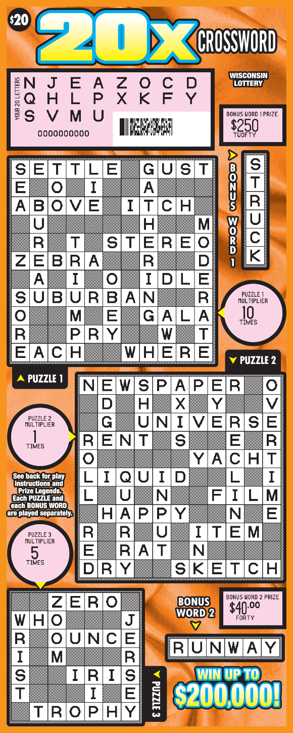 20X Crossword WI Scratch Game - Scratched Wisconsin Scratch Game, 20X Crossword orange background with yellow text, scratched.