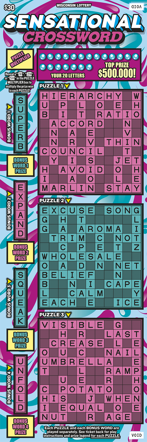 Sensational Crossword WI Scratch Game Wisconsin Scratch Game, Sensational Crossword blue and pink background with white and pink text.