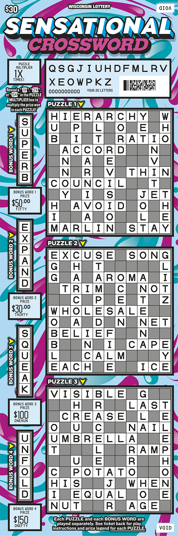 Sensational Crossword WI Scratch Game - Revealed Wisconsin Scratch Game, Sensational Crossword blue and pink background with white and pink text, scratched.