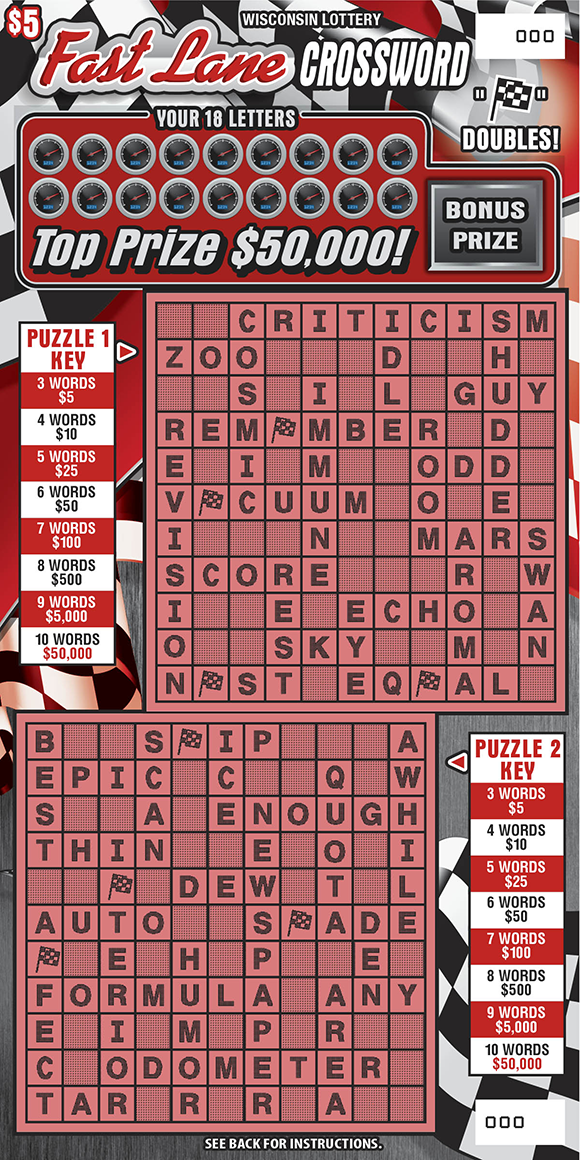 Fast Lane Crossword WI Scratch Game Wisconsin Scratch Game, Fast Lane Crossword black and white checkered background with red and white text.