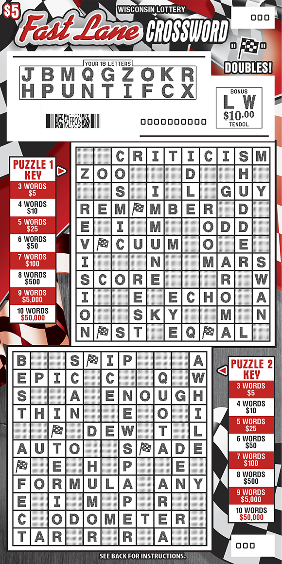 Fast Lane Crossword WI Scratch Game - Scratched Wisconsin Scratch Game, Fast Lane Crossword black and white checkered background with red and white text, revealed.