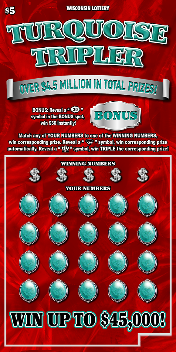 Turquoise Tripler WI Scratch Game Wisconsin Scratch Game, Turquoise Tripler red background with turquoise text.