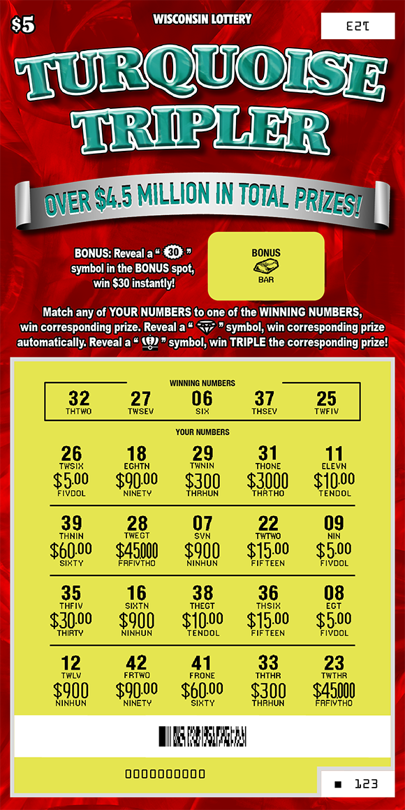 Turquoise Tripler WI Scratch Game - Scratched Wisconsin Scratch Game, Turquoise Tripler red background with turquoise text, revealed.