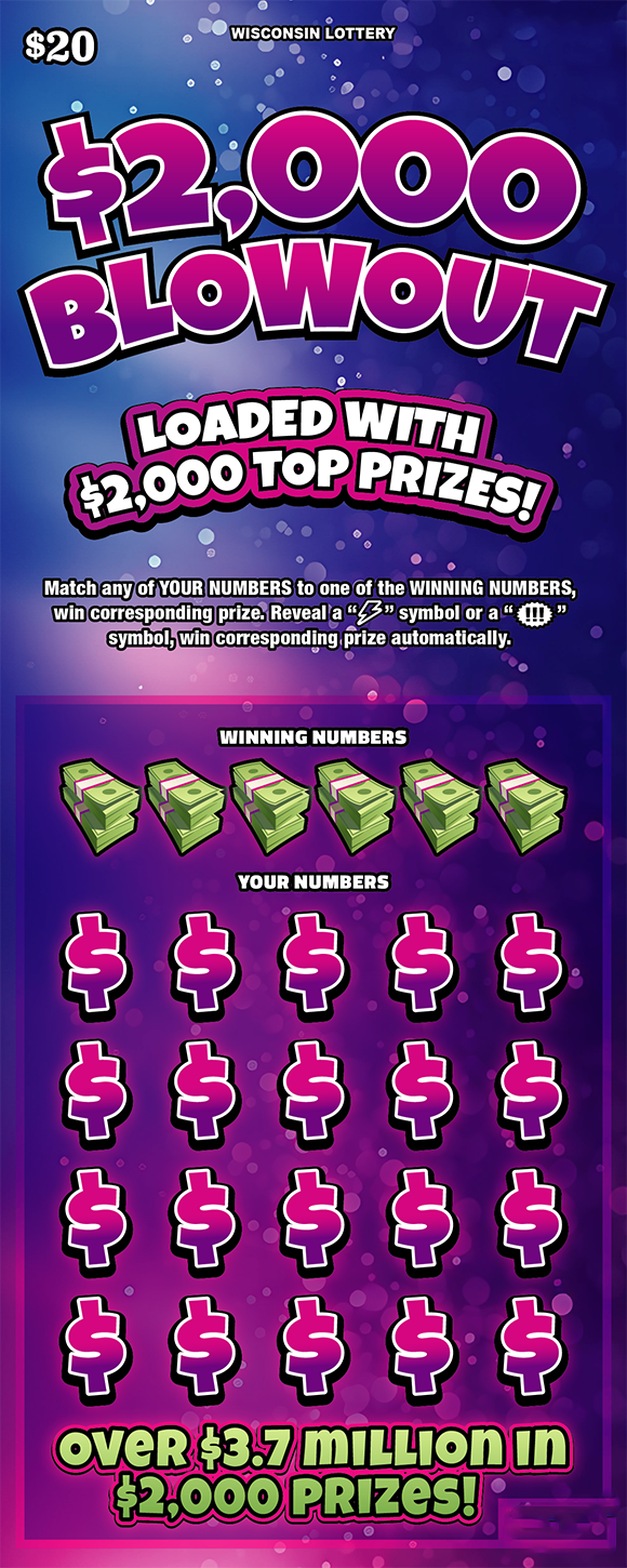 $2,000 Blowout WI Scratch Game Wisconsin Scratch Game, $2,000 Blowout purple and pink gradient background with pink, white, and green text.